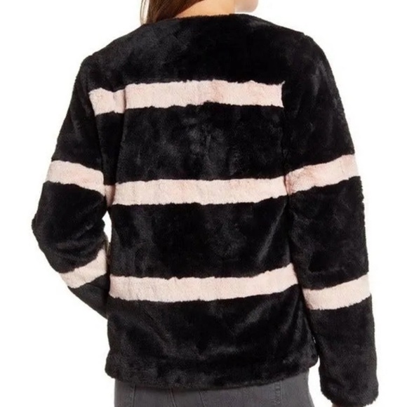 RACHEL PARCELL Women's Stripe Faux Fur Collarless Jacket Black Pink L - Picture 2 of 3